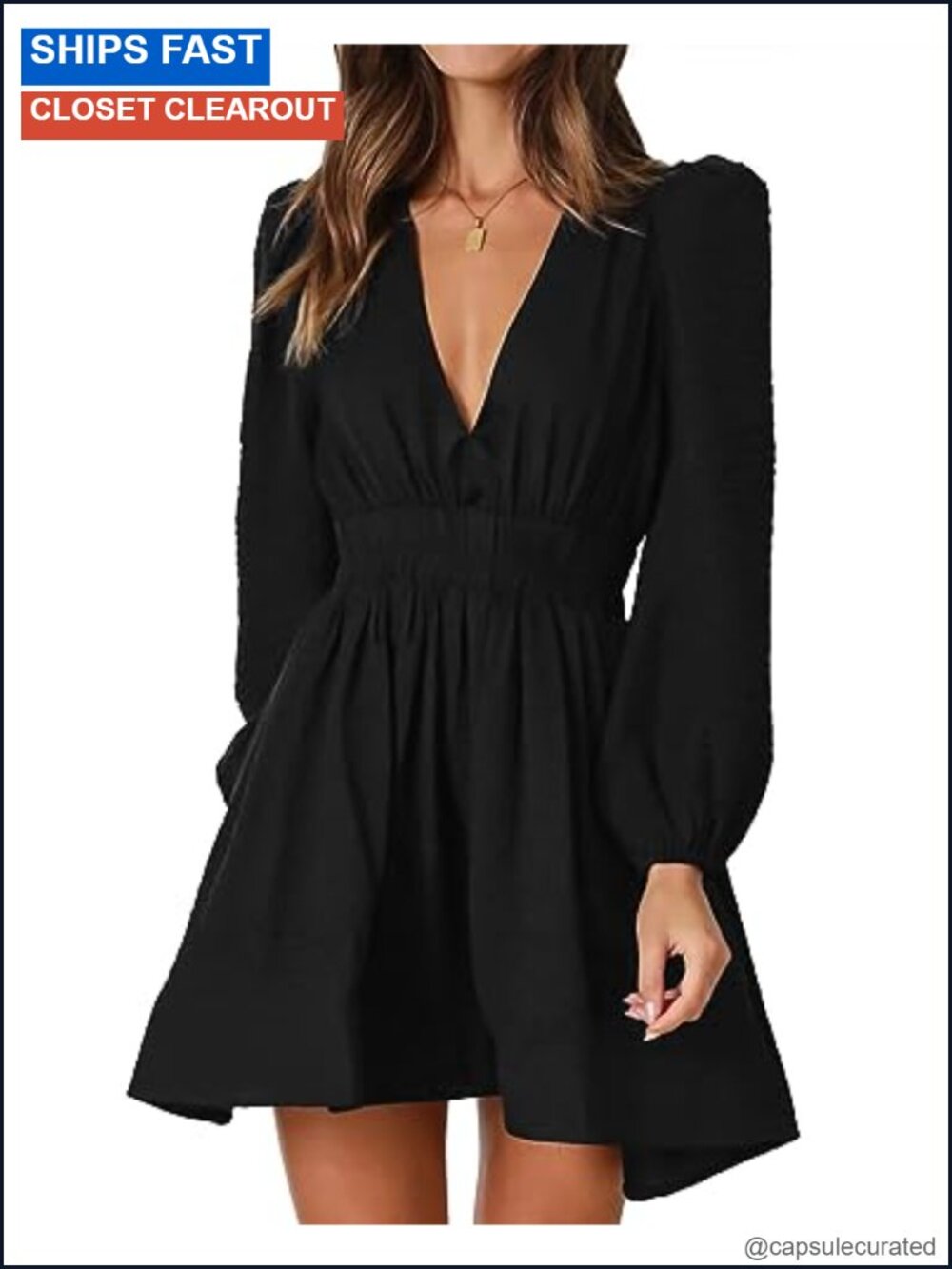 Mini Deep V Neck Long Sleeve A-Line Dress Women Casual Flowy Cocktail